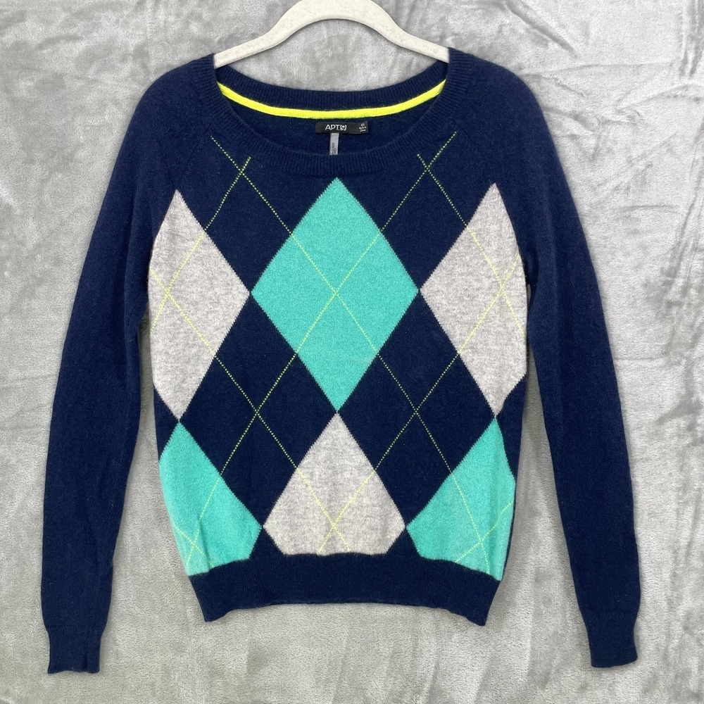 Apt 9 100% Cashmere Sweater Women XS Navy Blue Argyle Round Neck Preppy